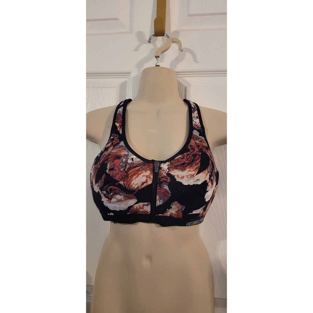 Victoria's Secret Sports Bra 36D Black Incredible Knockout Floral Zip Front